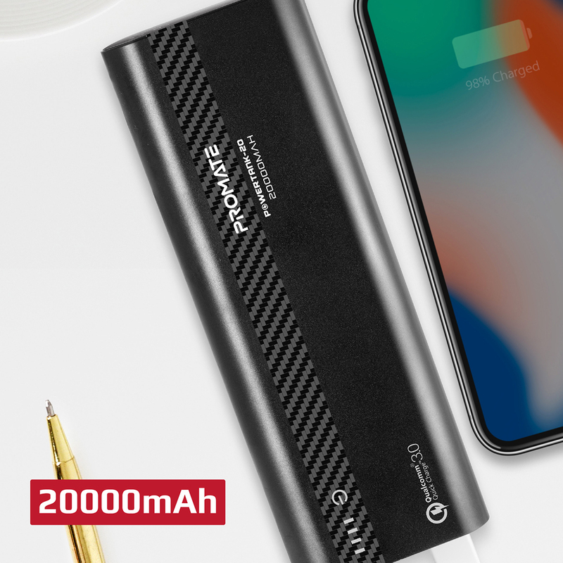 Promate 10000mAh PowerTank-20 Qualcomm QC3.0 Powerbank, Aluminium Portable USB Type-C Input/Output 18W Power Delivery, Over Charging Protection for iPhone XS/XS Max, Samsung S9+, iPad, Black